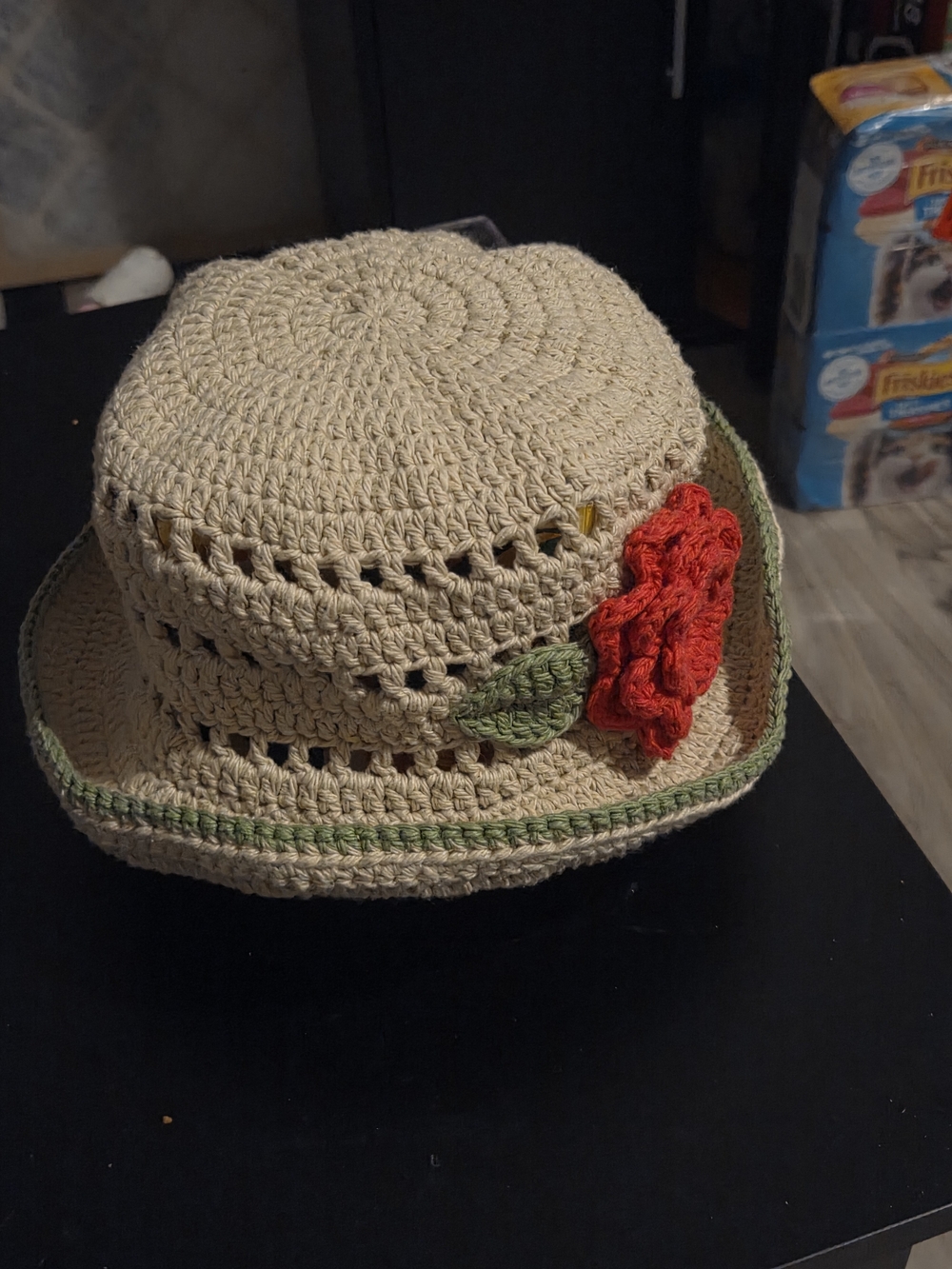 Beige Crochet Sun Hat with Red Flower Accent